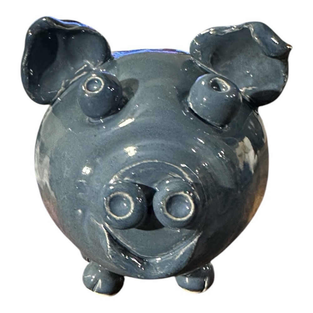 Handmade Studio Pottery Blue/Gray Ceramic Pig Piggy Bank Cork Stopper Folk Art